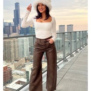 FREE PEOPLE MISHA VEGAN LEATHER PANTS ★ BROWN Women's Brown Wide-Leg Jeans